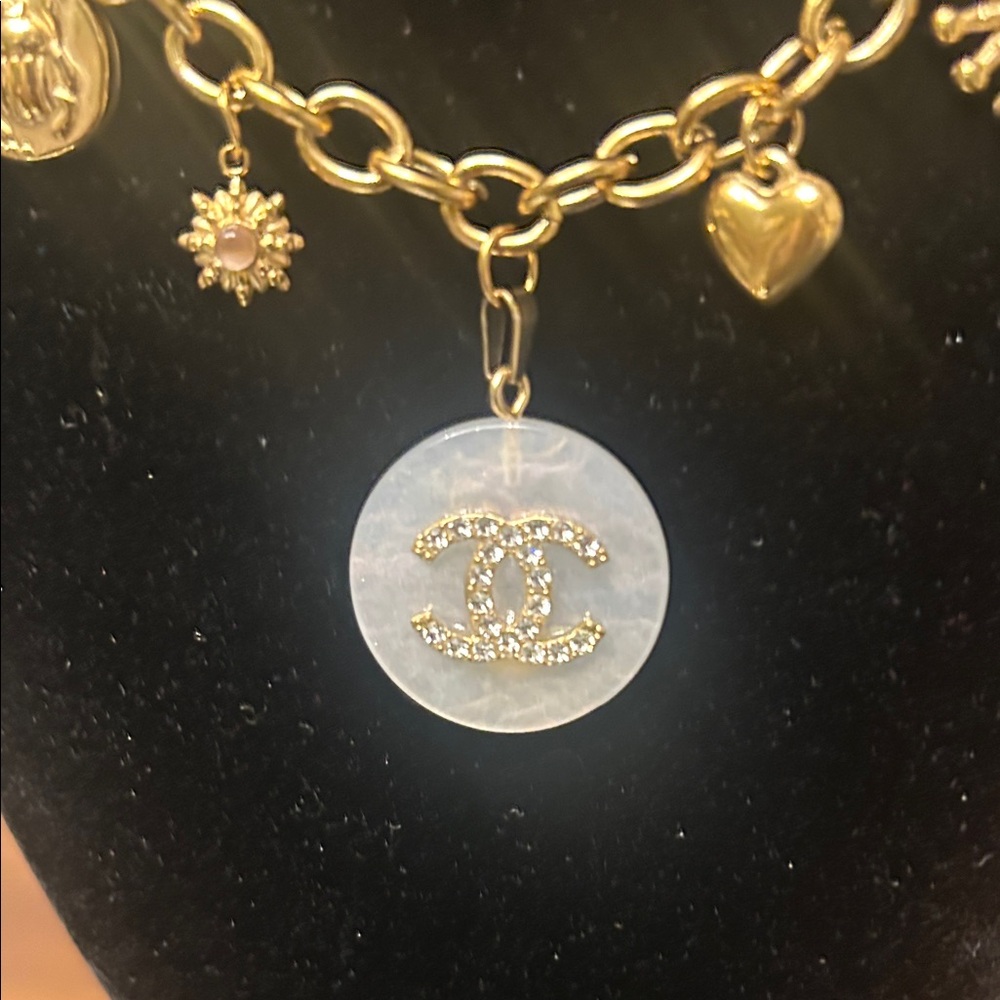 Gold Toned Chanel Charm Necklace with Mother-of-Pearl Coin Charm - Picture 5 of 6